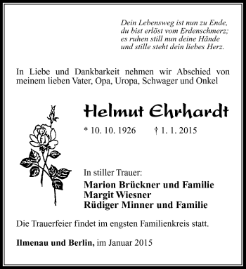 Traueranzeige von Helmut Ehrhardt von Südthüringer Presse