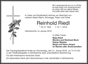 Traueranzeige von Reinhold Riedl von Frankenpost