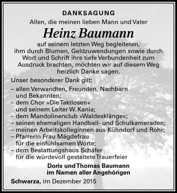 Traueranzeige von Heinz Baumann von Südthüringer Presse