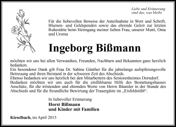 Traueranzeige von Ingeborg Bißmann von Südthüringer Presse