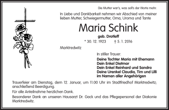 Traueranzeige von Maria Schink von Frankenpost