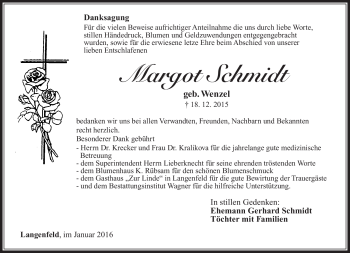 Traueranzeige von Margot Schmidt von Südthüringer Presse