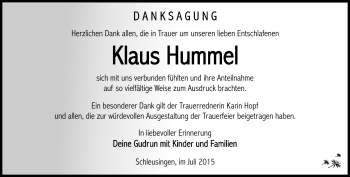 Traueranzeige von Klaus Hummel von Südthüringer Presse