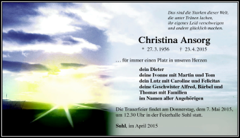 Traueranzeige von Christina Ansorg von Südthüringer Presse