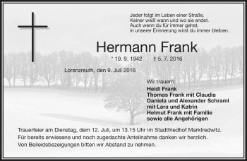 Traueranzeige von Hermann Frank von Frankenpost