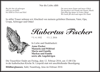Traueranzeige von Hubertus Fischer von Südthüringer Presse