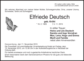 Traueranzeige von Elfriede Deutsch von Neue Presse Coburg