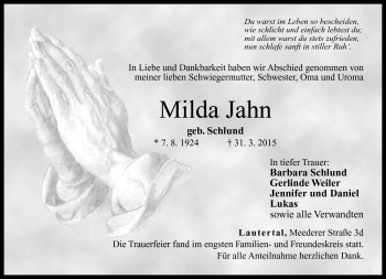 Traueranzeige von Milda Jahn von Neue Presse Coburg