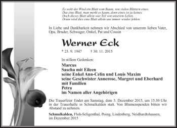Traueranzeige von Werner Eck von Südthüringer Presse