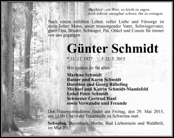 Traueranzeige von Günter Schmidt von Südthüringer Presse