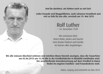 Traueranzeige von Rolf Luther von Südthüringer Presse
