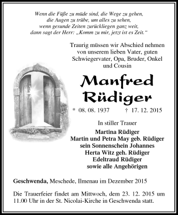 Traueranzeige von Manfred Rüdiger von Südthüringer Presse