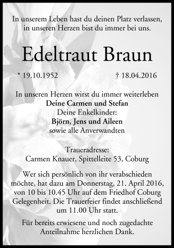 Traueranzeige von Edeltraut Braun von Neue Presse Coburg