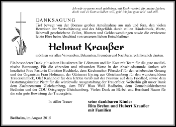 Traueranzeige von Helmut Kraußer von Südthüringer Presse