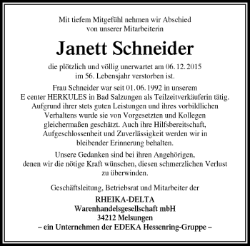 Traueranzeige von Janett Schneider von Südthüringer Presse