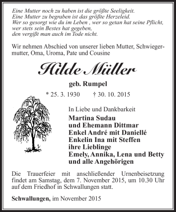 Traueranzeige von Hilde Müller von Südthüringer Presse