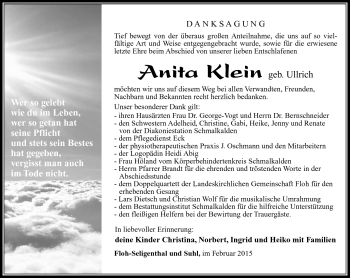 Traueranzeige von Anita Klein von Südthüringer Presse