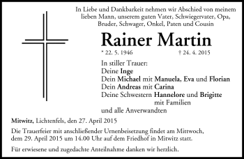 Traueranzeige von Rainer Martin von Neue Presse Coburg