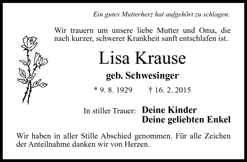  Traueranzeige für Lisa Krause vom 26.02.2015 aus Neue Presse Coburg