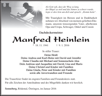 Traueranzeige von Manfred Heinlein von Südthüringer Presse
