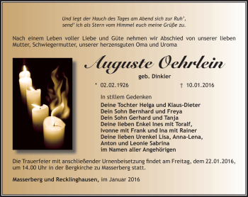 Traueranzeige von Auguste Oehrlein von Südthüringer Presse