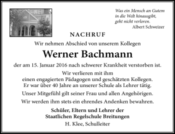 Traueranzeige von Werner Bachmann von Südthüringer Presse