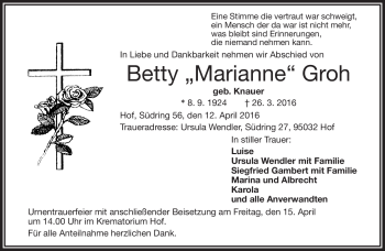 Traueranzeige von Betty Groh von Frankenpost