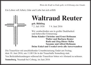 Traueranzeige von Waltraud Reuter von Südthüringer Presse