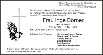 Traueranzeige von Inge Börner von Frankenpost