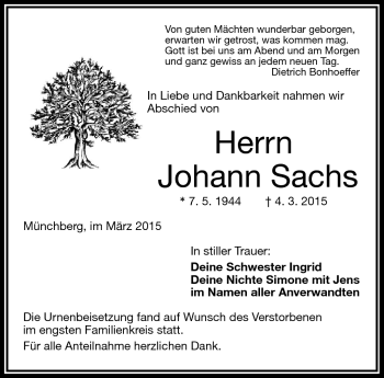 Traueranzeige von Johann Sachs von Frankenpost