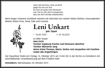 Traueranzeige von Leni Unkart von Südthüringer Presse