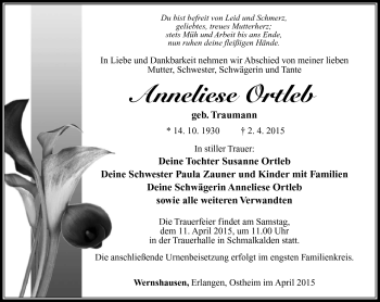 Traueranzeige von Anneliese Ortleb von Südthüringer Presse