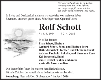 Traueranzeige von Rolf Schott von Südthüringer Presse