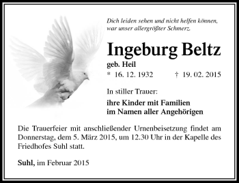 Traueranzeige von Ingeburg Beltz von Südthüringer Presse