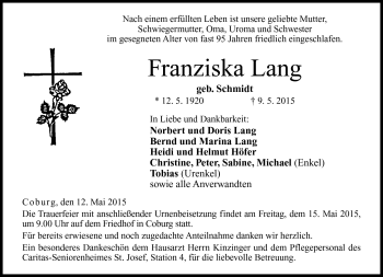 Traueranzeige von Franziska Lang von Neue Presse Coburg