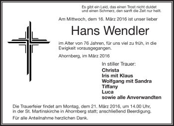 Traueranzeige von Hans Wendler von Frankenpost
