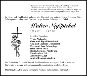 Traueranzeige von Walter Nußpickel von Südthüringer Presse
