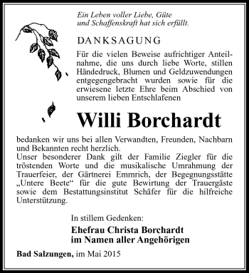 Traueranzeige von Willi Borchardt von Südthüringer Presse