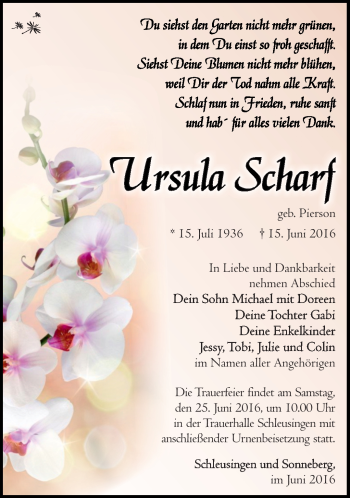 Traueranzeige von Ursula Scharf von Südthüringer Presse