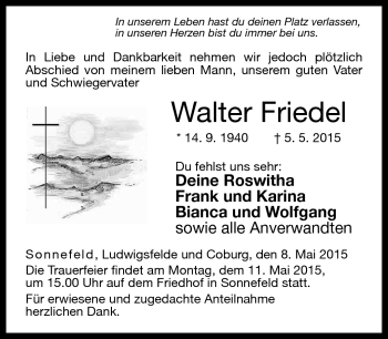 Traueranzeige von Walter Friedel von Neue Presse Coburg