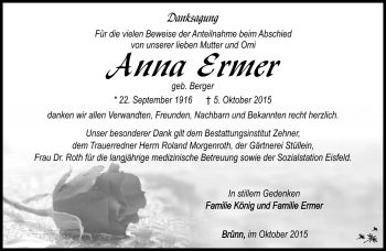 Traueranzeige von Anna Ermer von Südthüringer Presse