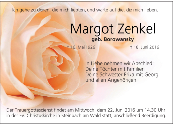 Traueranzeige von Margot Zenkel von Neue Presse Coburg