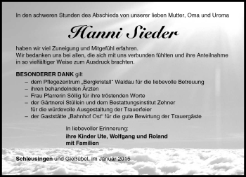 Traueranzeige von Hanni Sieder von Südthüringer Presse