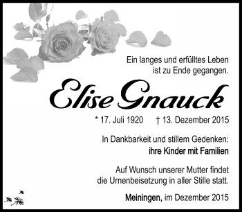 Traueranzeige von Elise Gnauck von Südthüringer Presse