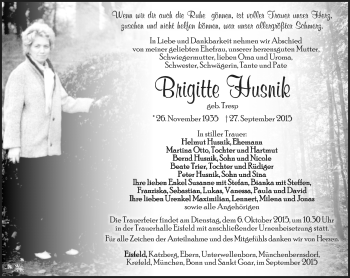 Traueranzeige von Brigitte Husnik von Südthüringer Presse