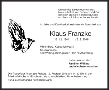 Traueranzeige von Klaus Franzke von Frankenpost