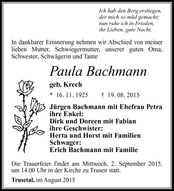 Traueranzeige von Paula Bachmann von Südthüringer Presse