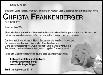 Traueranzeige von Christa Frankenberger von Südthüringer Presse