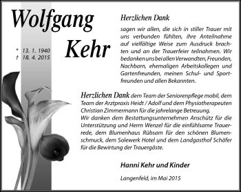 Traueranzeige von Wolfgang Kehr von Südthüringer Presse