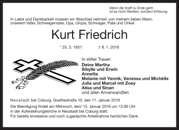Traueranzeige von Kurt Friedrich von Neue Presse Coburg